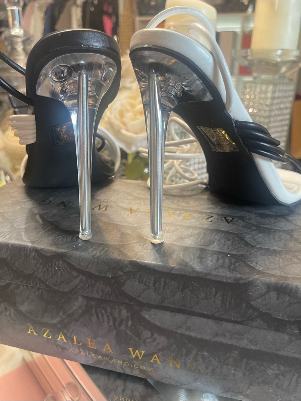 Azalea Wang Two-Tone Strappy Square-Toe Heels - Black & White - Picture 3 of 9